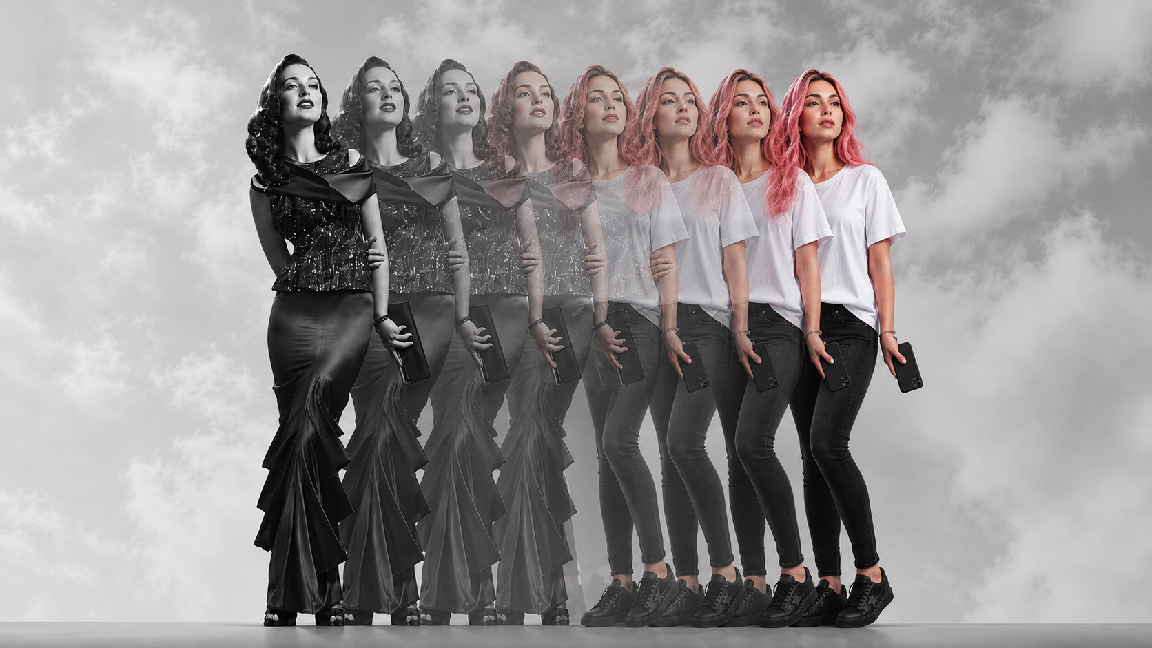 Fashion progression photo representing the entertainment industry's evolution
