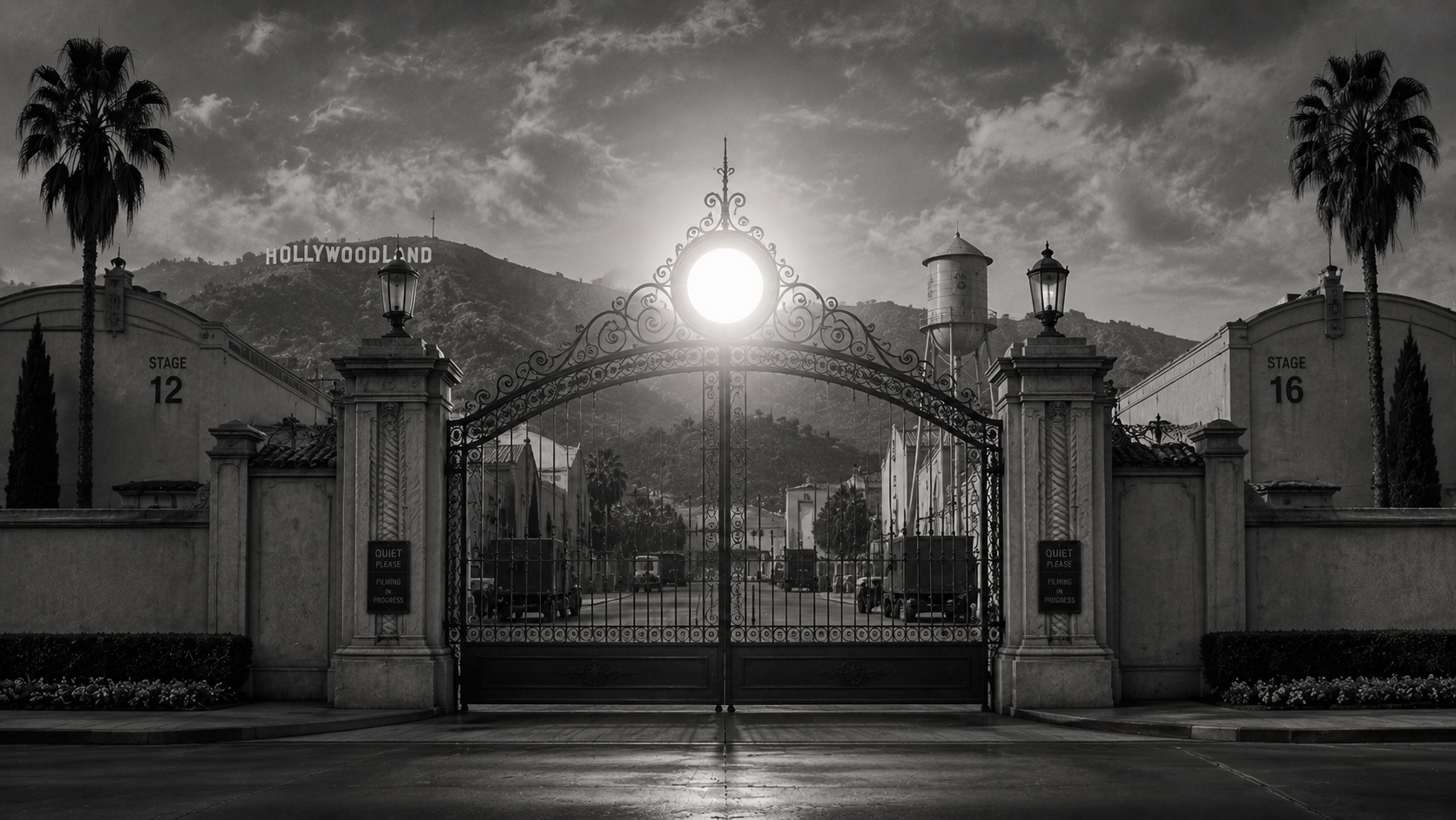 Hollywood studio gate at dusk